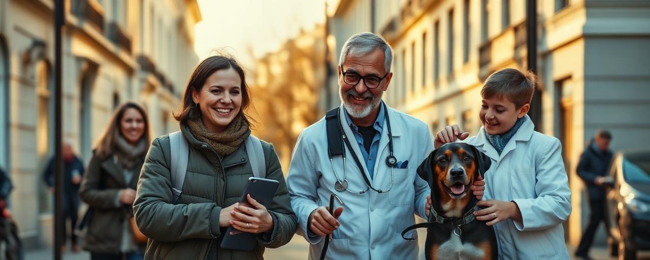 Bewohner, Tierärztin und Hund auf einer Straße in Wien