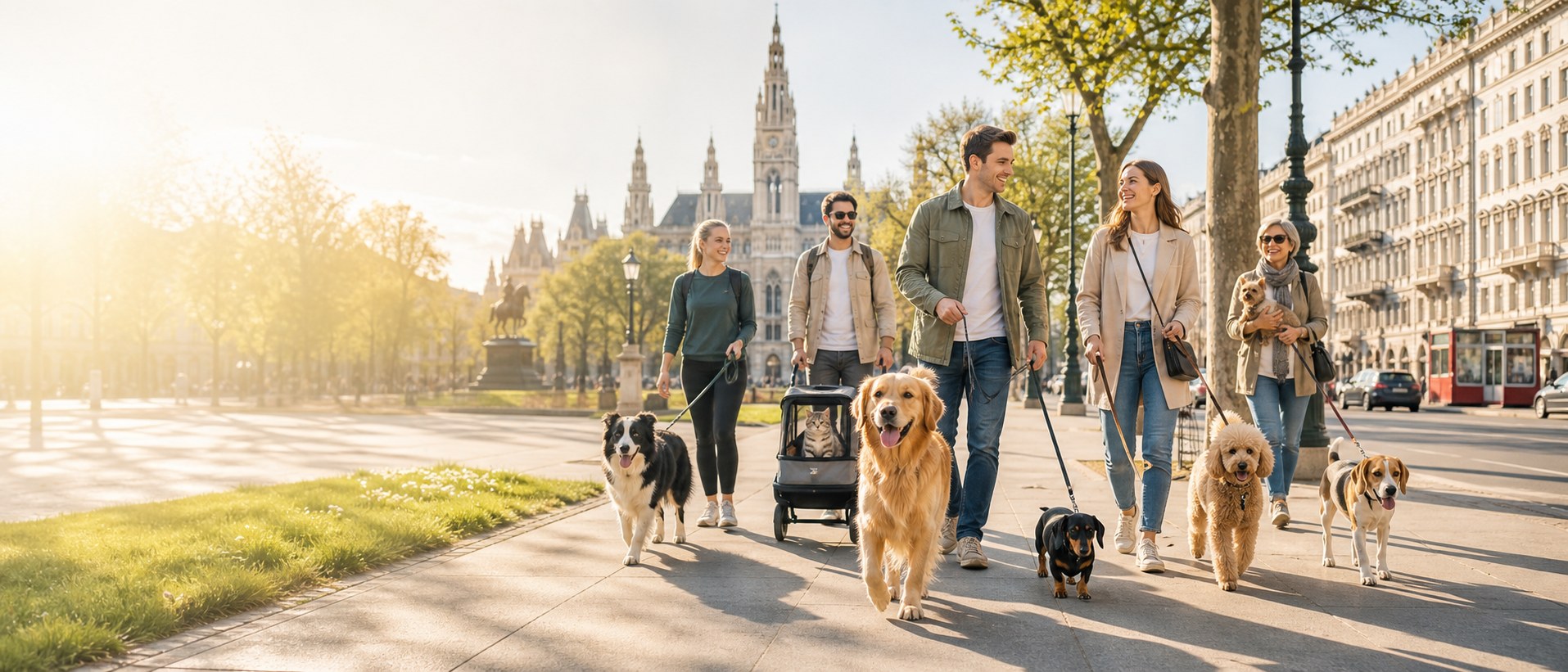 Halter mit verschiedenen Haustieren beim Spaziergang in Wien