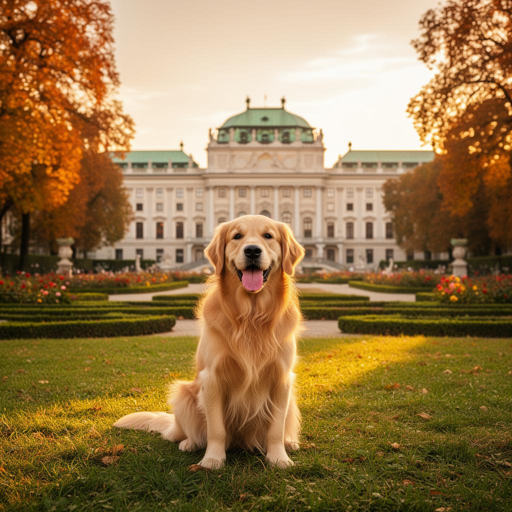 Luna, ein Golden Retriever vor dem Belvedere in Wien